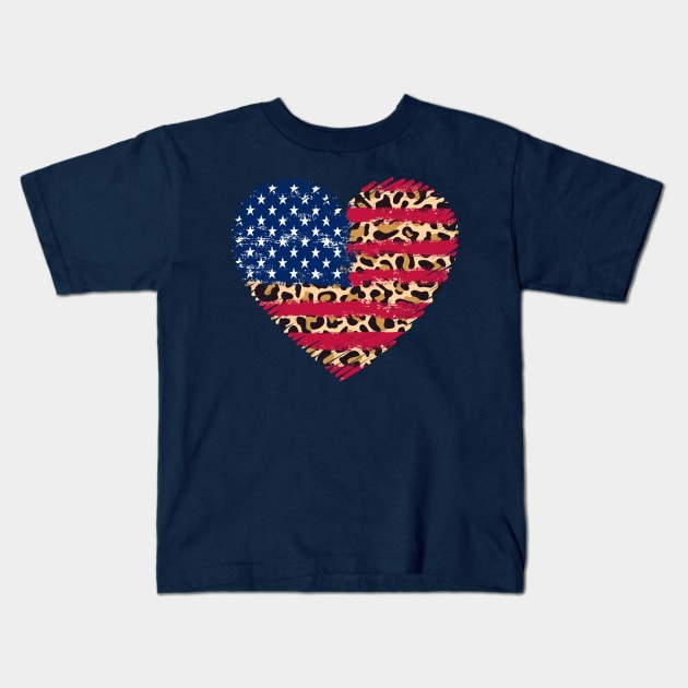 American Flag Heart 4th of July Leopard Print USA Patriotic Kids T-Shirt by Green Splash